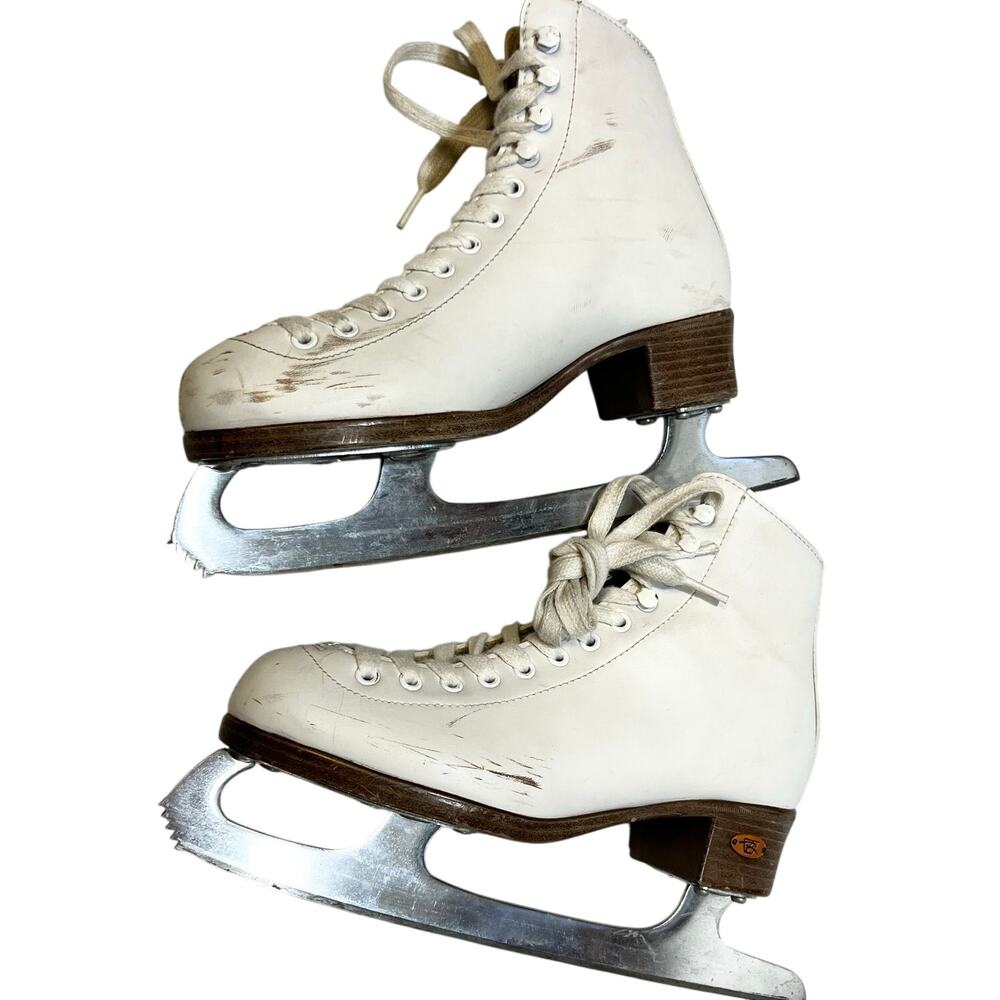 Vintage Riedell White Leather Figure Ice Skates Womens 5 Sheffield Blades 9 1/3